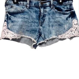Contraband Junior Acid Wash Denim Shorts with Crochet Detail